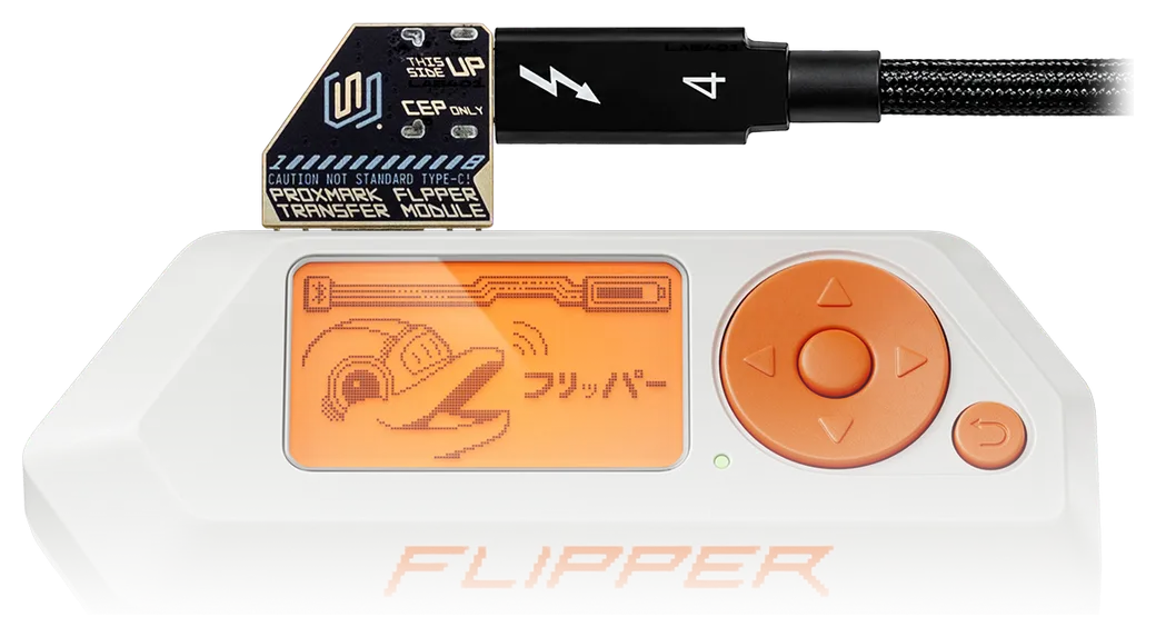 Proxmark 5 Flipper Zero transfer module and cable, attached to a Flipper Zero